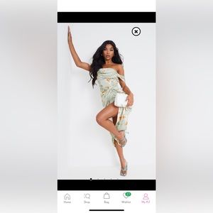 Sage green floral print satin draped Bardot midi dress